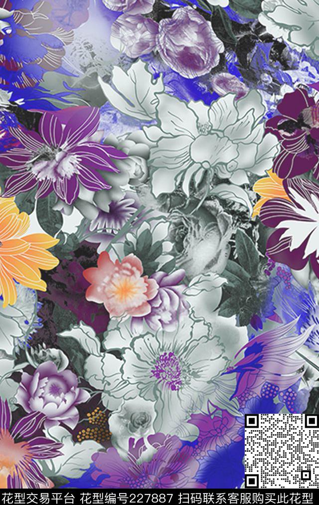 矢量花卉花朵和风数码印花华亿平台下载（图片编号: 227887） - 瓦栏（Walan）