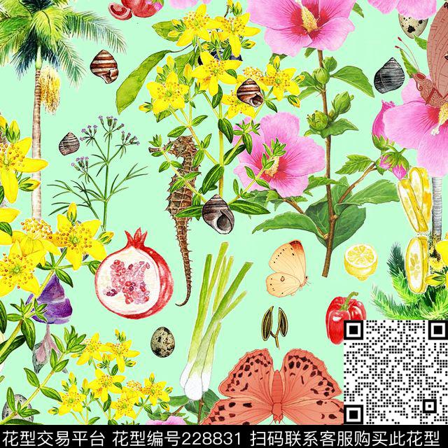 蝴蝶海马石榴数码印花华亿平台下载（图片编号: 228831） - 瓦栏（Walan）