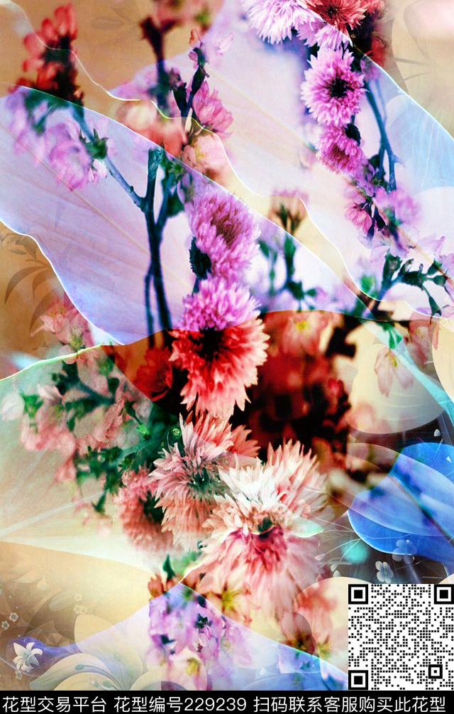 花卉现代时尚数码印花华亿平台下载（图片编号: 229239） - 瓦栏（Walan）