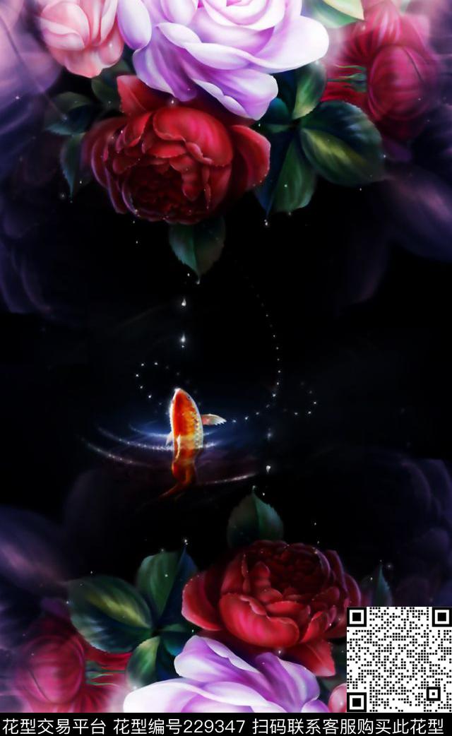 玫瑰花对称花卉长巾数码印花华亿平台下载（图片编号: 229347） - 瓦栏（Walan）