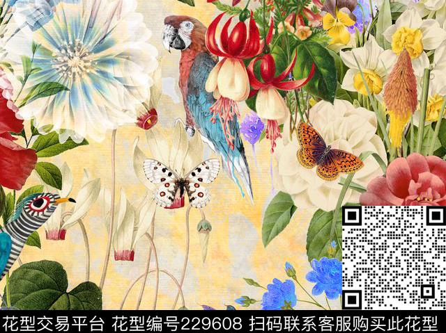 花鸟画花卉中国风数码印花华亿平台下载（图片编号: 229608） - 瓦栏（Walan）