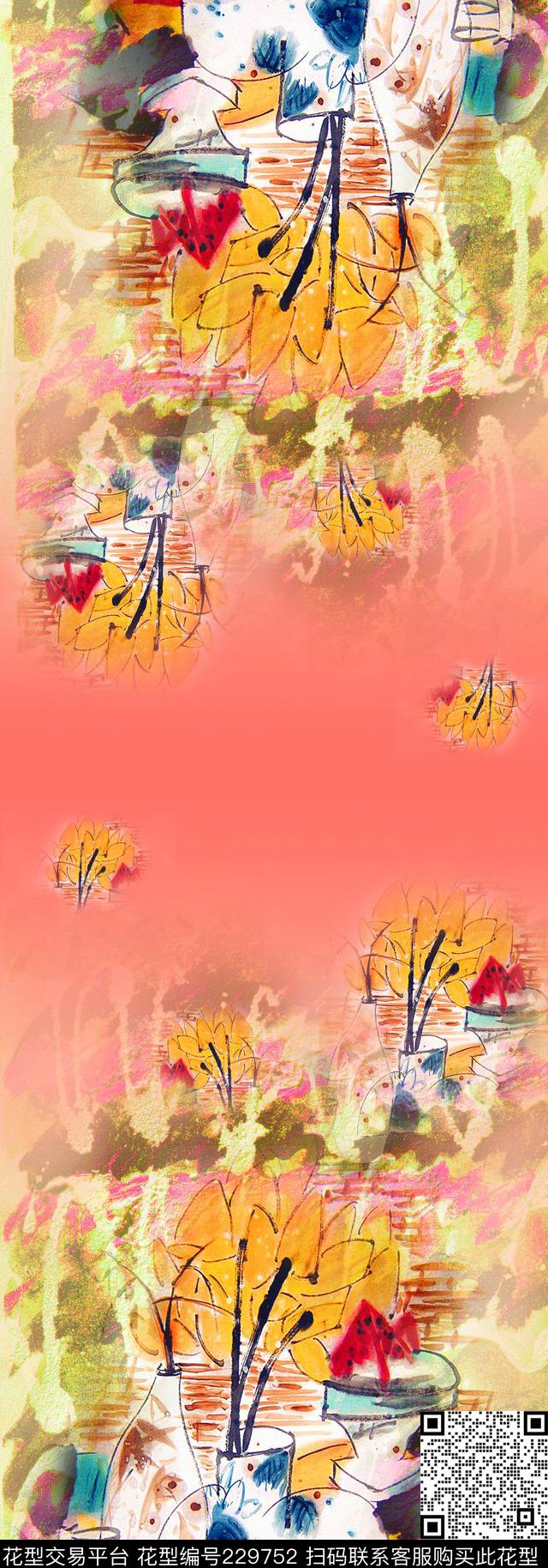 抽象国画长巾数码印花华亿平台下载（图片编号: 229752） - 瓦栏（Walan）