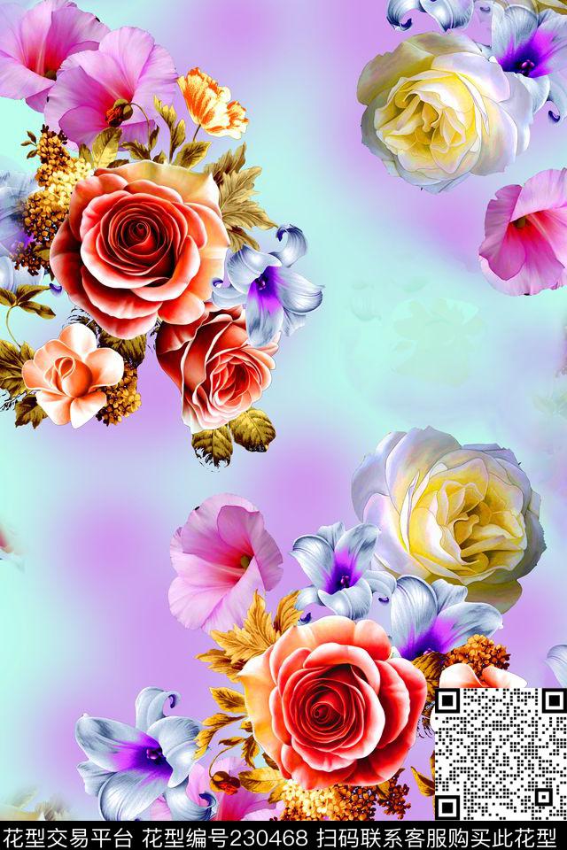 蓝底红花黄花数码印花华亿平台下载（图片编号: 230468） - 瓦栏（Walan）