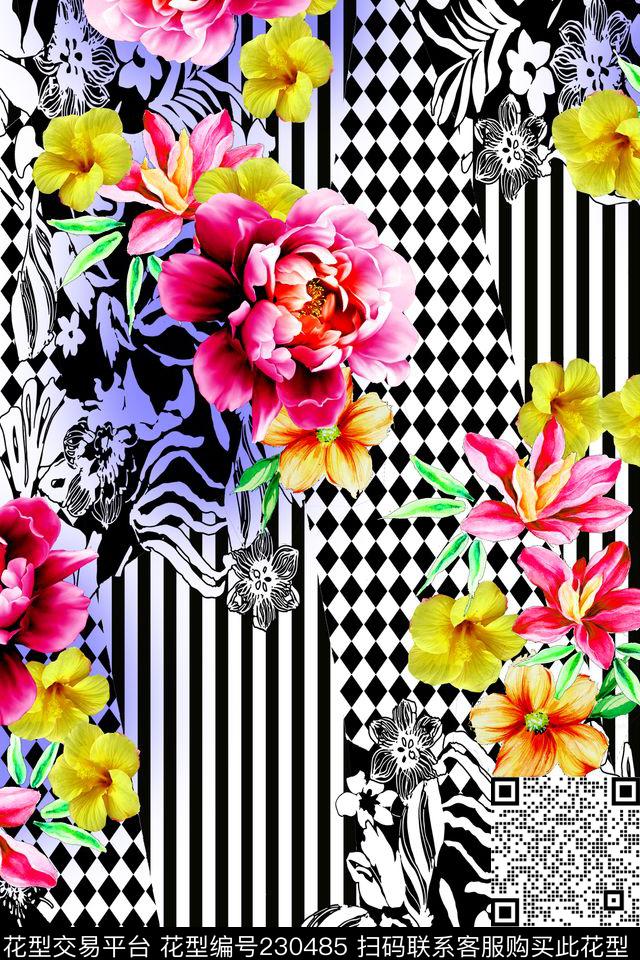 花朵格子拼贴数码印花华亿平台下载（图片编号: 230485） - 瓦栏（Walan）