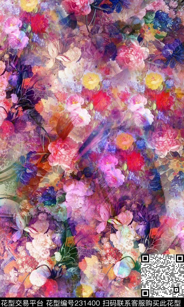 晕染百花香艳数码印花华亿平台下载（图片编号: 231400） - 瓦栏（Walan）