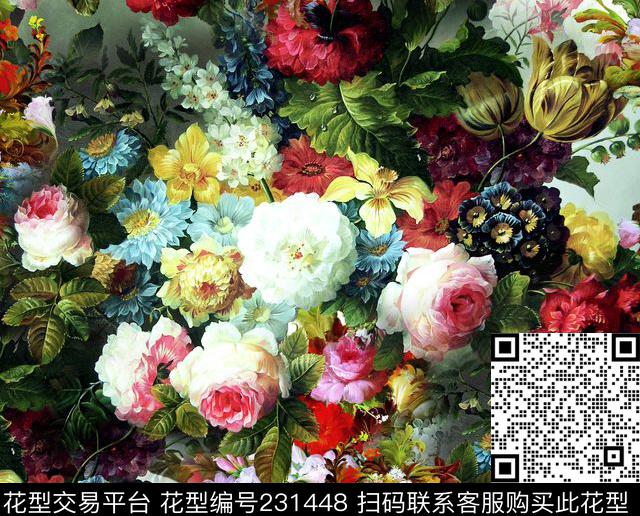 花卉玫瑰满底花数码印花华亿平台下载（图片编号: 231448） - 瓦栏（Walan）