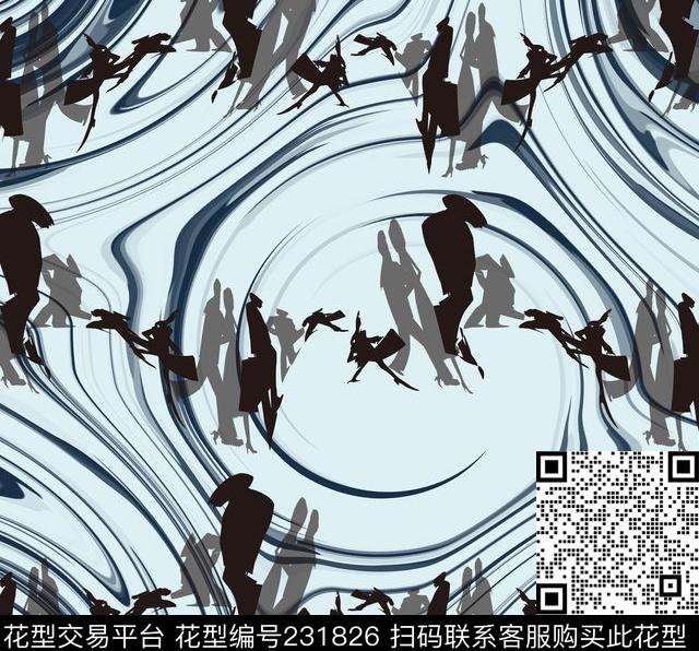 黑白剪影人传统印花华亿平台下载（图片编号: 231826） - 瓦栏（Walan）