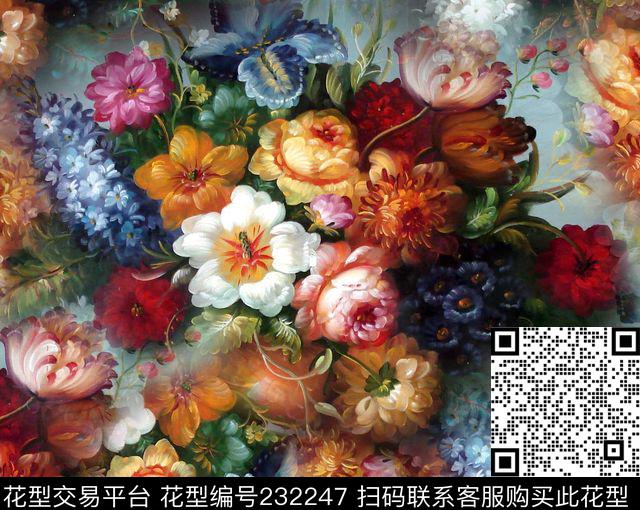 花卉花团油画数码印花华亿平台下载（图片编号: 232247） - 瓦栏（Walan）