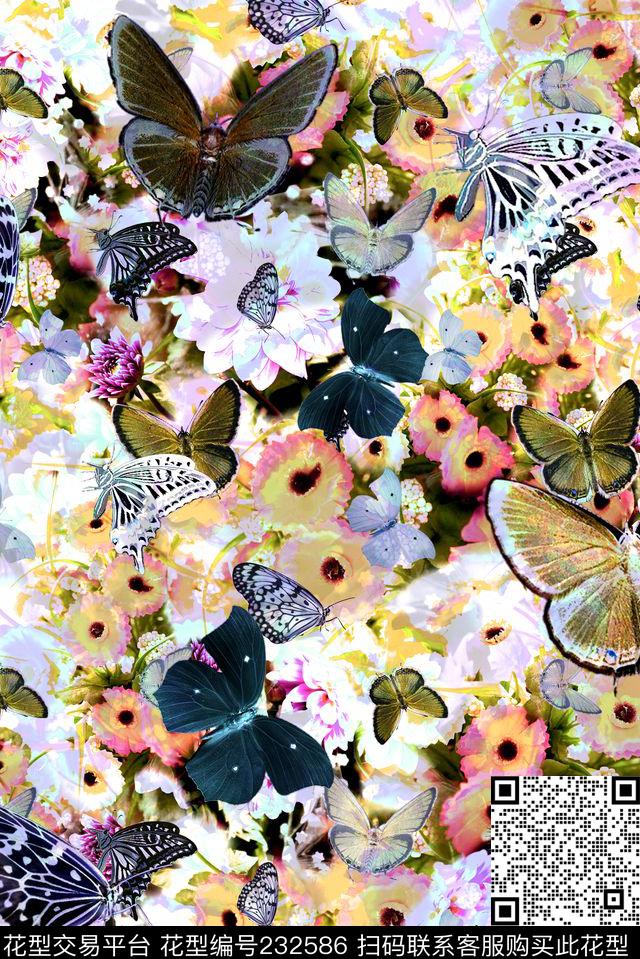 蝴蝶水墨画花卉数码印花华亿平台下载（图片编号: 232586） - 瓦栏（Walan）