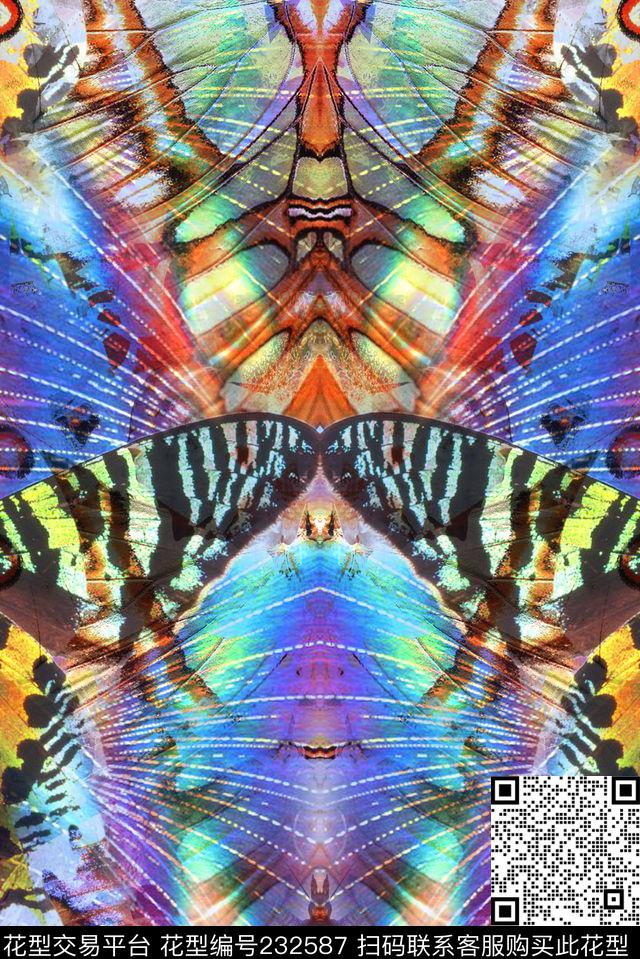 对称梦幻蝴蝶翅膀动物服装对称抽象数码印花华亿平台下载（图片编号: 232587） - 瓦栏（Walan）