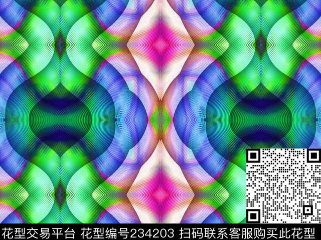 镜像对称抽象迷幻几何立体数码印花华亿平台下载（图片编号: 234203） - 瓦栏（Walan）