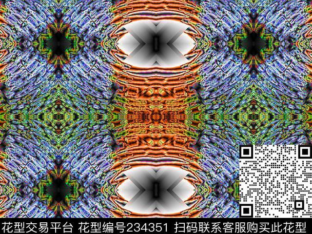 镜像对称抽象迷幻几何民族数码印花华亿平台下载（图片编号: 234351） - 瓦栏（Walan）