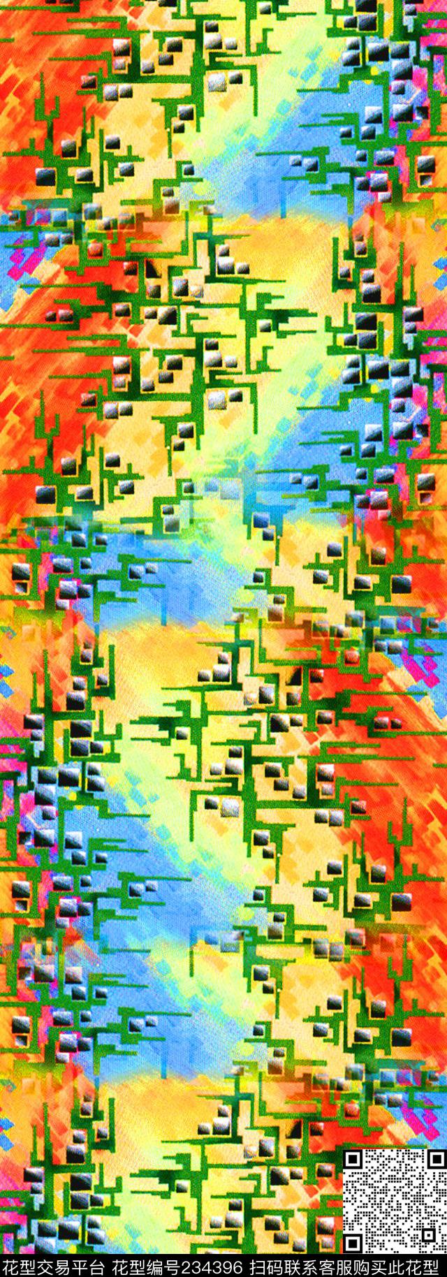 长巾几何拼贴数码印花华亿平台下载（图片编号: 234396） - 瓦栏（Walan）