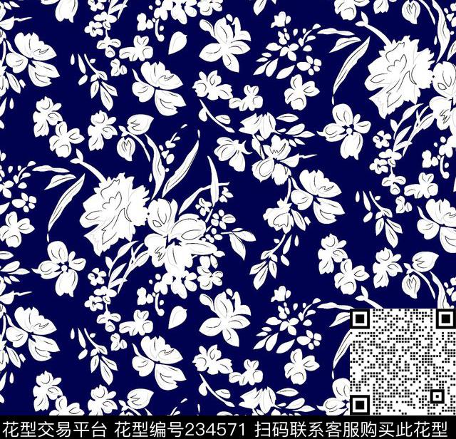 青布花卉复古传统印花华亿平台下载（图片编号: 234571） - 瓦栏（Walan）