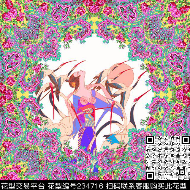 方巾人物边框数码印花华亿平台下载（图片编号: 234716） - 瓦栏（Walan）