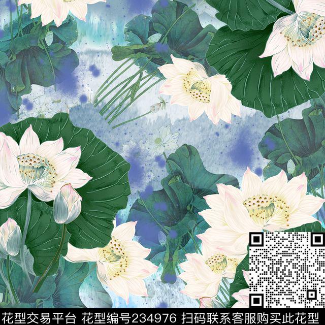 荷花莲花蓝底莲蓬湖水荷叶莲叶服装数码印花华亿平台下载（图片编号: 234976） - 瓦栏（Walan）