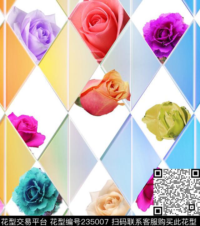 彩色光晕花团花卉数码印花华亿平台下载（图片编号: 235007） - 瓦栏（Walan）