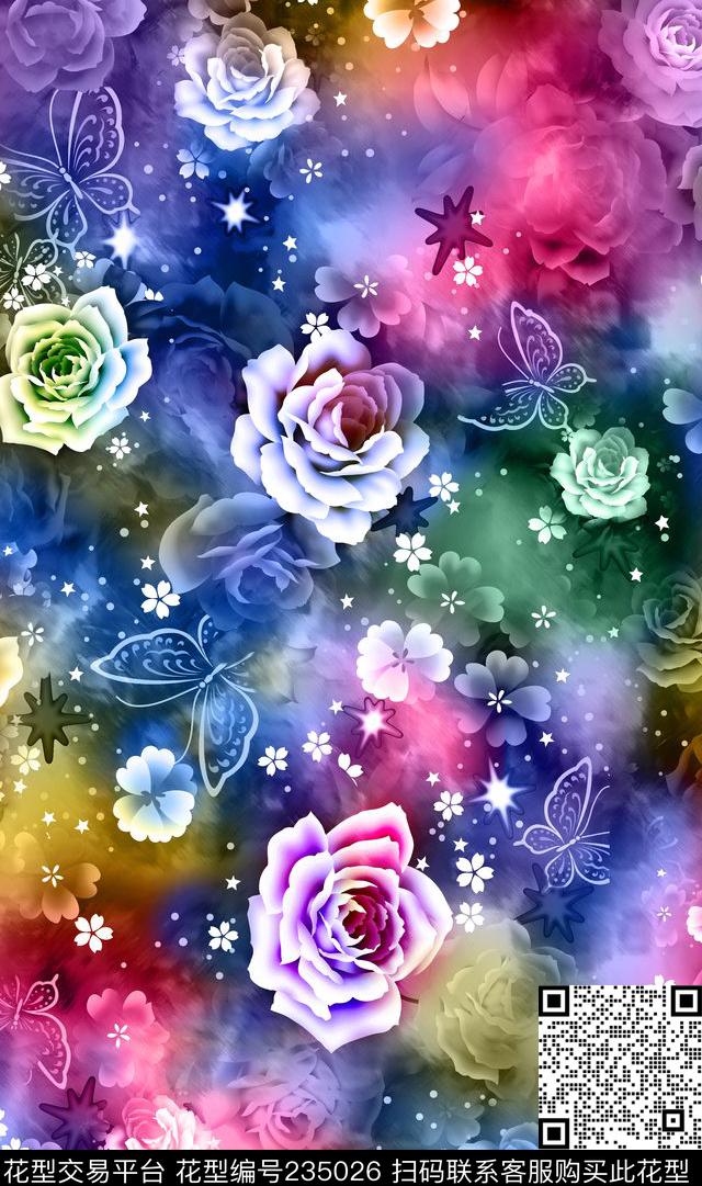 彩色玫瑰晕染数码印花华亿平台下载（图片编号: 235026） - 瓦栏（Walan）