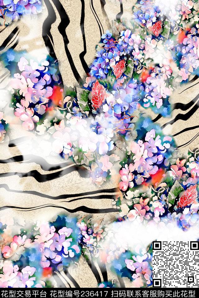水彩水墨花卉花朵动物纹斑马纹小花花卉花卉组合数码印花华亿平台下载（图片编号: 236417） - 瓦栏（Walan）