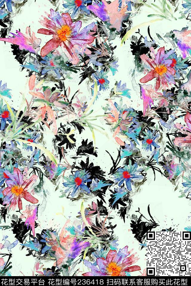 水彩水墨花卉数码印花华亿平台下载（图片编号: 236418） - 瓦栏（Walan）
