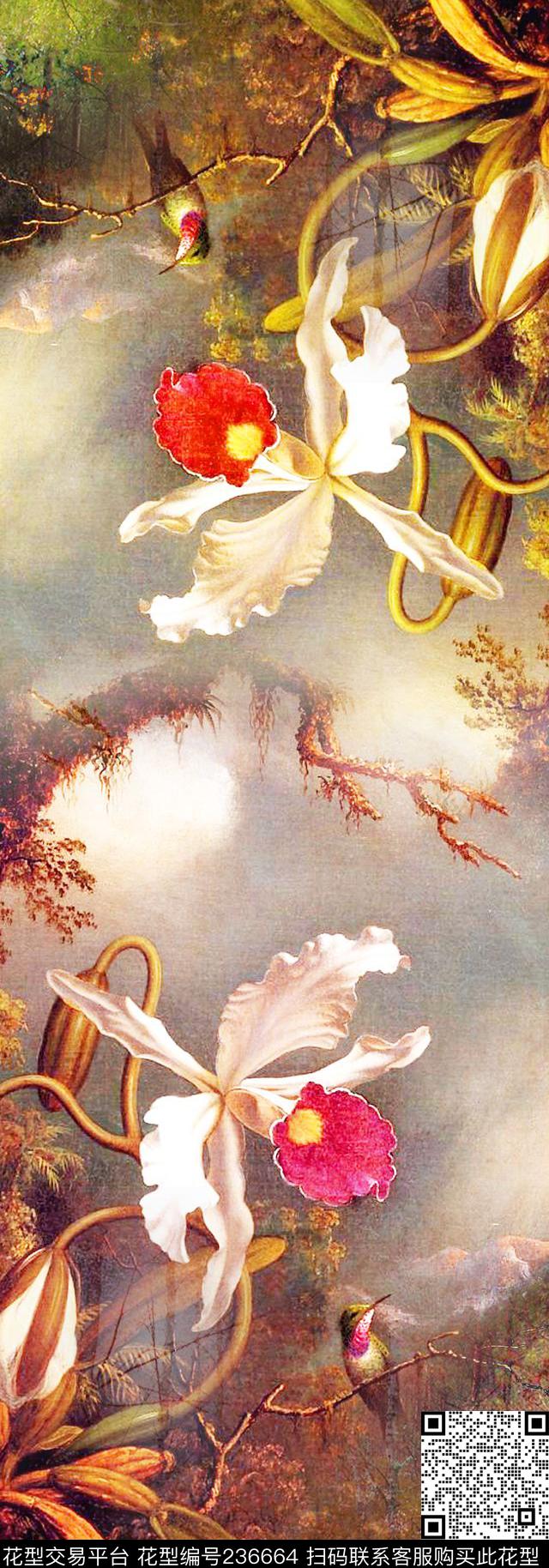 油画花卉小鸟数码印花华亿平台下载（图片编号: 236664） - 瓦栏（Walan）
