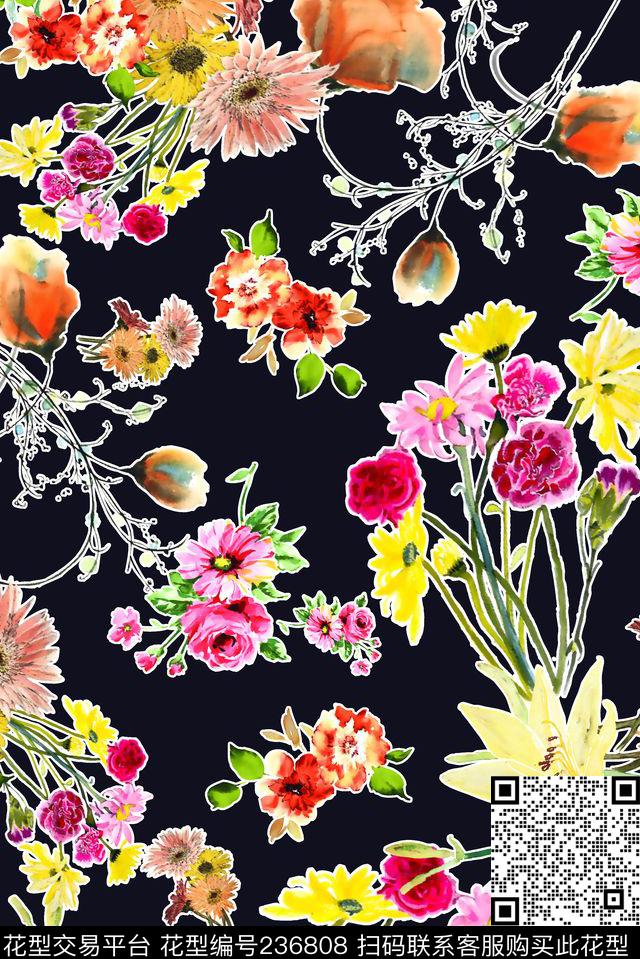 深底黑底水彩水墨效果花卉花朵花卉数码印花华亿平台下载（图片编号: 236808） - 瓦栏（Walan）