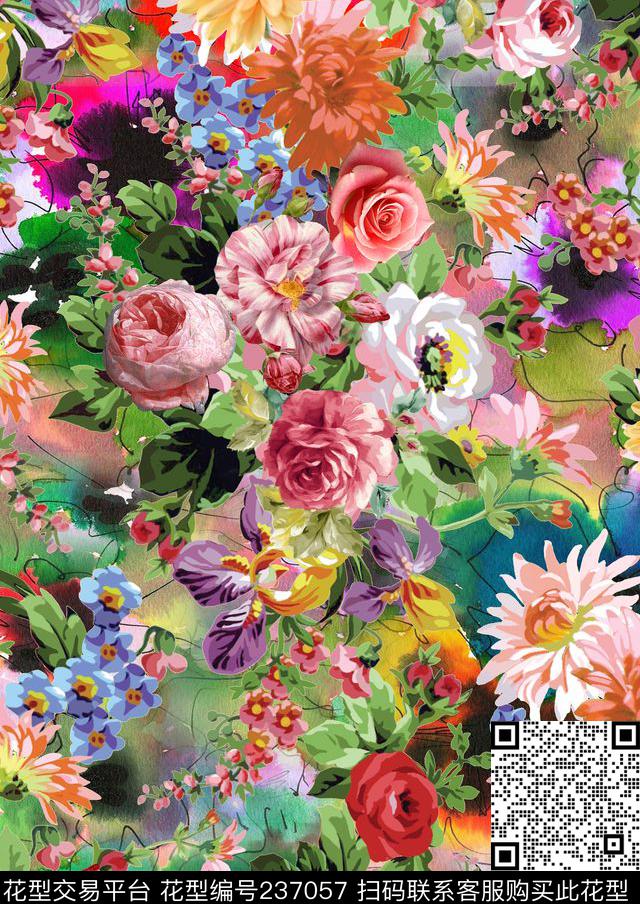 牡丹玫瑰菊花数码印花华亿平台下载（图片编号: 237057） - 瓦栏（Walan）