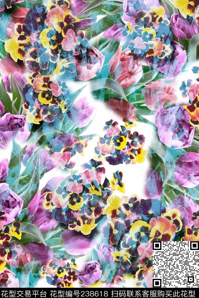 水彩手绘花朵数码印花华亿平台下载（图片编号: 238618） - 瓦栏（Walan）