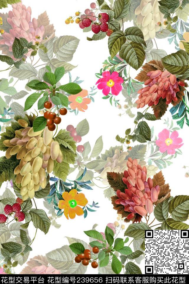提子花卉水果大花白底清新服装多彩花卉水果数码印花华亿平台下载（图片编号: 239656） - 瓦栏（Walan）