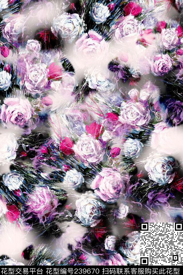 油画效果玫瑰花花卉花朵朦胧服装花卉中老年数码印花华亿平台下载（图片编号: 239670） - 瓦栏（Walan）