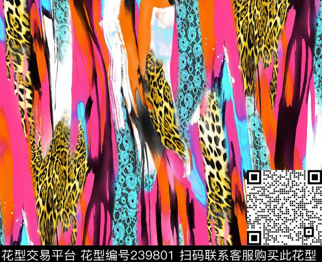 豹纹蕾丝竖条玫红动物纹服装数码印花华亿平台下载（图片编号: 239801） - 瓦栏（Walan）