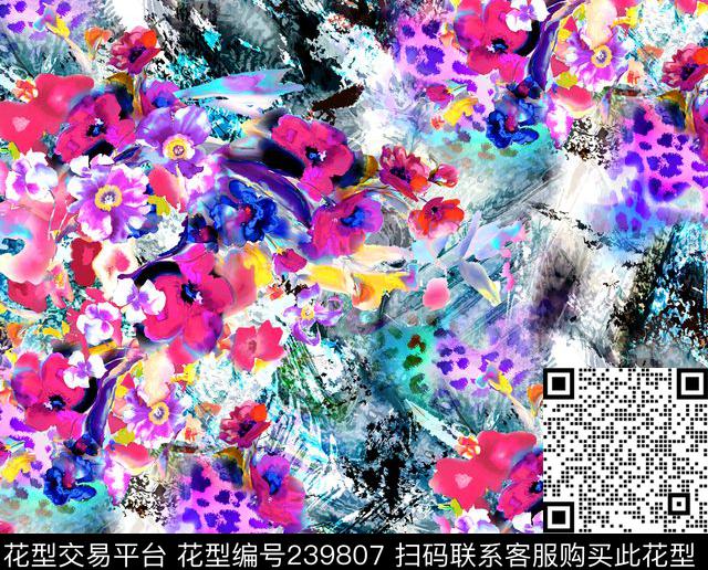 动物纹花朵紫色玫红色蓝色黑色数码印花华亿平台下载（图片编号: 239807） - 瓦栏（Walan）