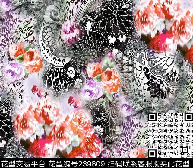 数码黑底红花抽象花卉花朵数码印花华亿平台下载（图片编号: 239809） - 瓦栏（Walan）