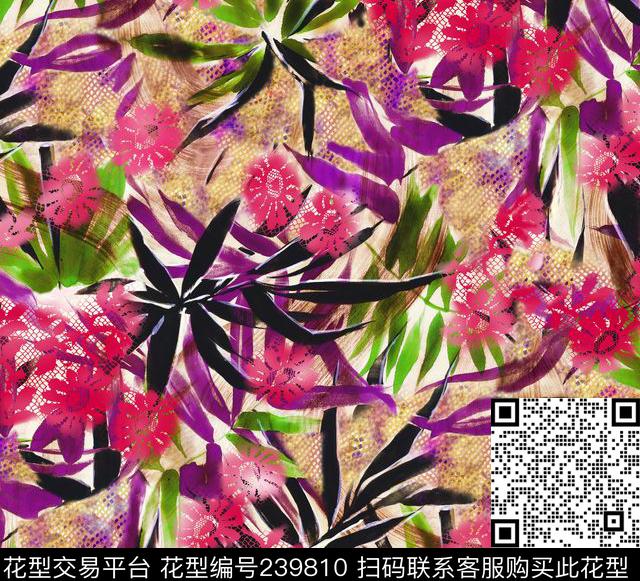 黑叶红花树叶花卉花朵服装数码印花华亿平台下载（图片编号: 239810） - 瓦栏（Walan）