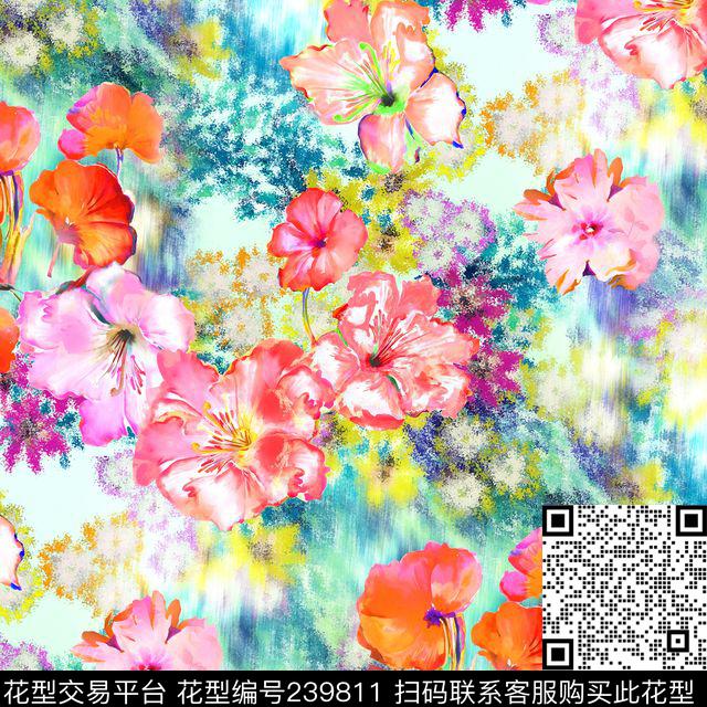 数码红花绿底花卉花朵服装数码印花华亿平台下载（图片编号: 239811） - 瓦栏（Walan）