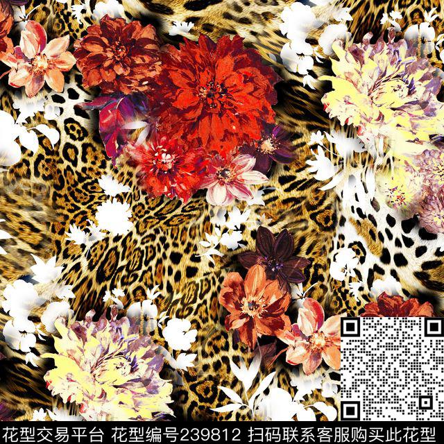 动物纹虎纹豹纹大花花卉花朵红色拼贴数码印花华亿平台下载（图片编号: 239812） - 瓦栏（Walan）