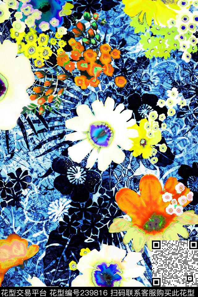 数码蓝底白花花卉花朵小花大花数码印花华亿平台下载（图片编号: 239816） - 瓦栏（Walan）