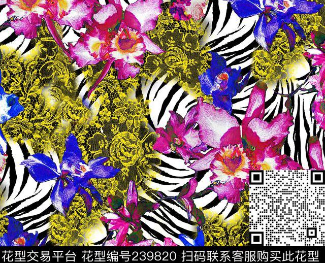 斑马纹动物纹花卉花朵黄色玫红数码印花华亿平台下载（图片编号: 239820） - 瓦栏（Walan）