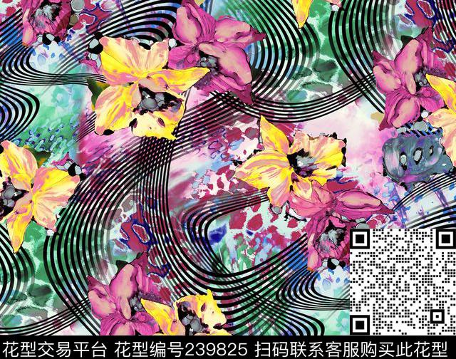 条纹线条花朵花卉黄色数码服装数码印花华亿平台下载（图片编号: 239825） - 瓦栏（Walan）
