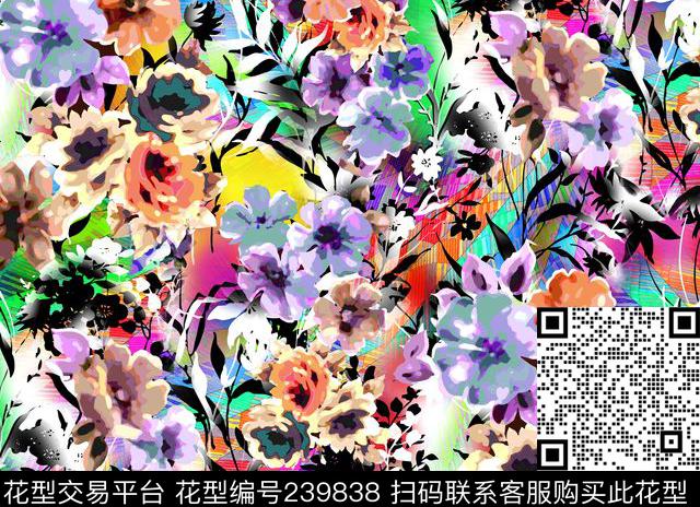 树叶乱花花卉花朵七彩五颜六色绚丽满底数码印花华亿平台下载（图片编号: 239838） - 瓦栏（Walan）