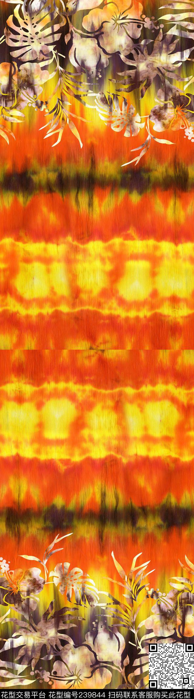 热带花卉花朵橙色橘红色斑驳抽象树叶数码印花华亿平台下载（图片编号: 239844） - 瓦栏（Walan）