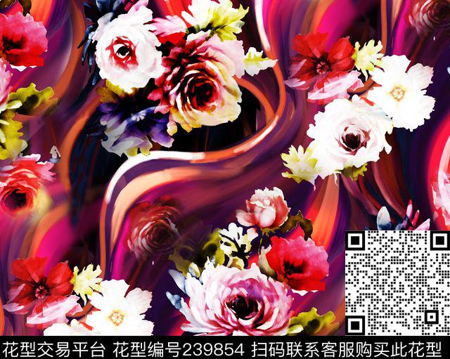花朵花卉红色白色数码飘逸亮丽数码印花华亿平台下载（图片编号: 239854） - 瓦栏（Walan）