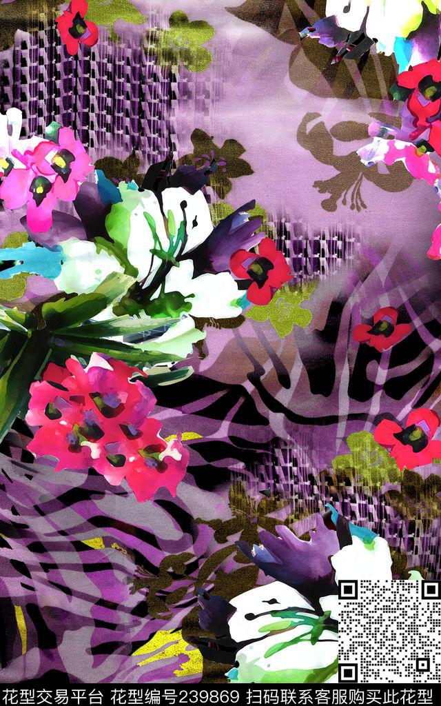 手绘花卉数码印花华亿平台下载（图片编号: 239869） - 瓦栏（Walan）
