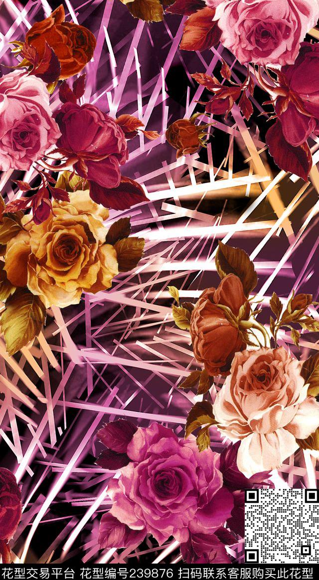数码彩色线条花卉花朵数码印花华亿平台下载（图片编号: 239876） - 瓦栏（Walan）