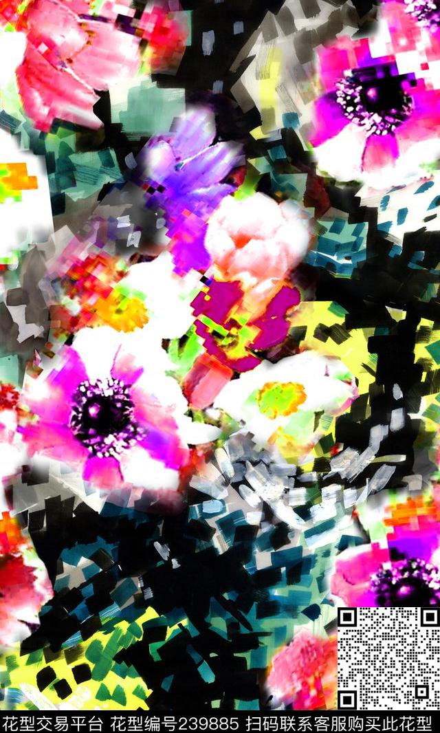 数码方块花朵花卉玫红半点菱形数码印花华亿平台下载（图片编号: 239885） - 瓦栏（Walan）
