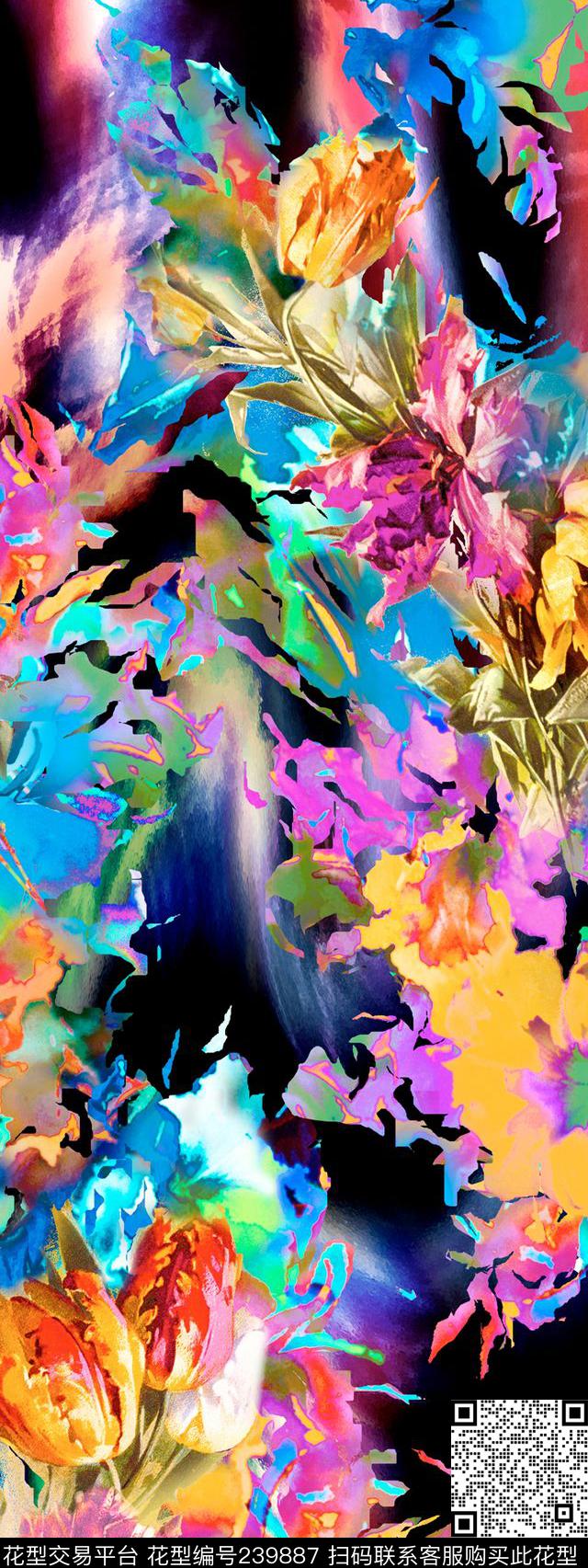 烂花抽象黑底蓝色红色橘黄色数码印花华亿平台下载（图片编号: 239887） - 瓦栏（Walan）