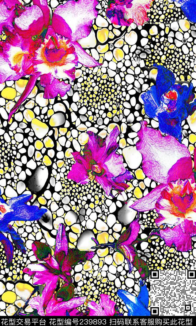 红色蓝色斑点玫红花卉花朵数码数码印花华亿平台下载（图片编号: 239893） - 瓦栏（Walan）