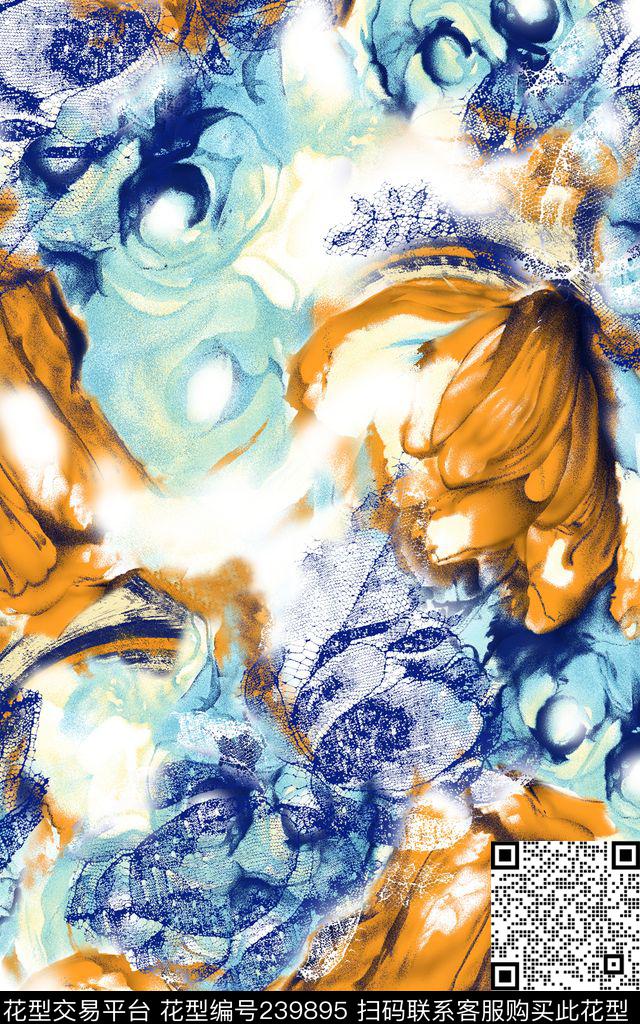 数码蕾丝朦胧大黄花花朵花卉蓝底橙色橘黄色数码印花华亿平台下载（图片编号: 239895） - 瓦栏（Walan）