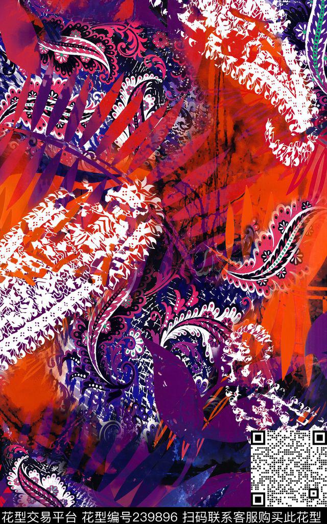 琵琶花树叶红色紫色民族风数码印花华亿平台下载（图片编号: 239896） - 瓦栏（Walan）