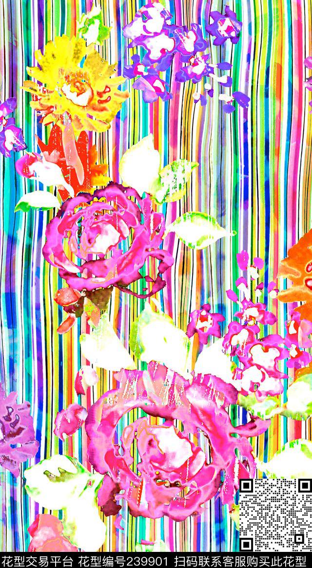 数码条纹花朵手绘彩色多彩数码印花华亿平台下载（图片编号: 239901） - 瓦栏（Walan）